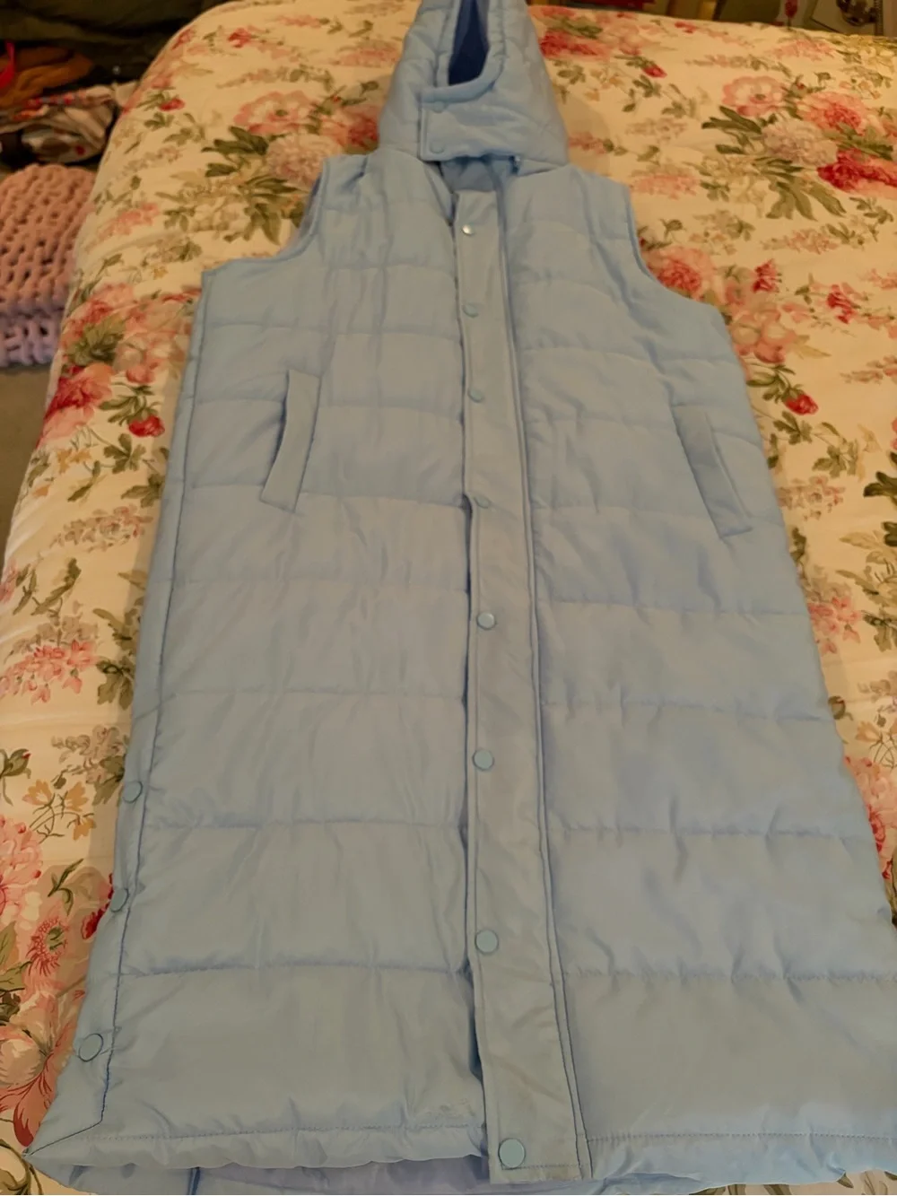 Hooded Light Blue Quilted Long Puffer Vest
